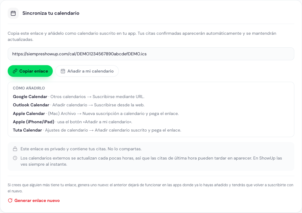 Sección de sincronización con el enlace copiado y las instrucciones por aplicación