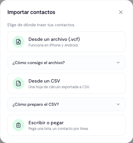 Botones de importación de contactos: desde el móvil, archivo .vcf y CSV