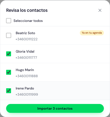 Pantalla de revisión con contactos a importar, casillas y badges "Ya en tu agenda"